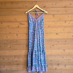 OPC Silk Dress Maxi Beach Paisley Open Back Tie Neck Summer Flowy Tassle Boho